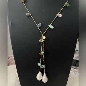 Fresh Water Baroque Pearl & Multicolor Crystal Lariat Necklace D10